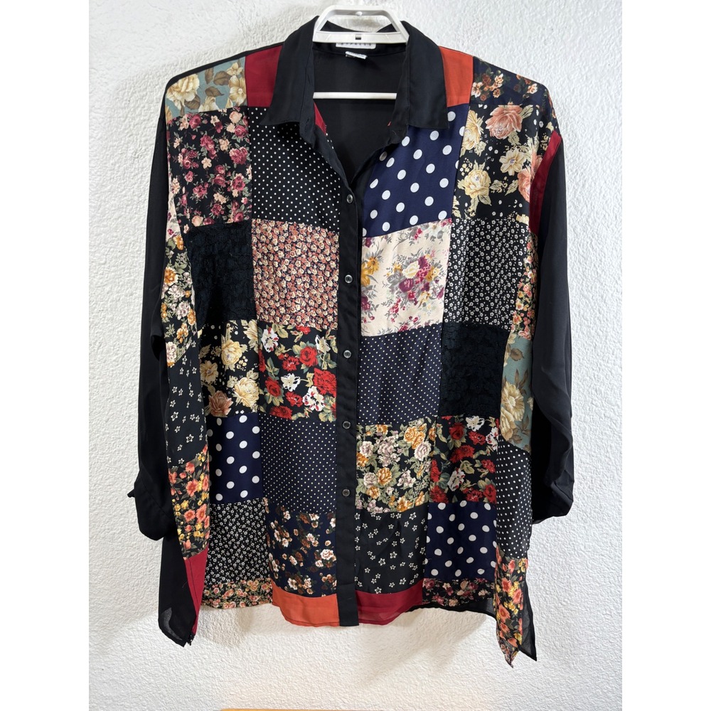 Vintage Y2K Express Button Up Shirt Size Large Multicolor Sheer Patchwork Floral